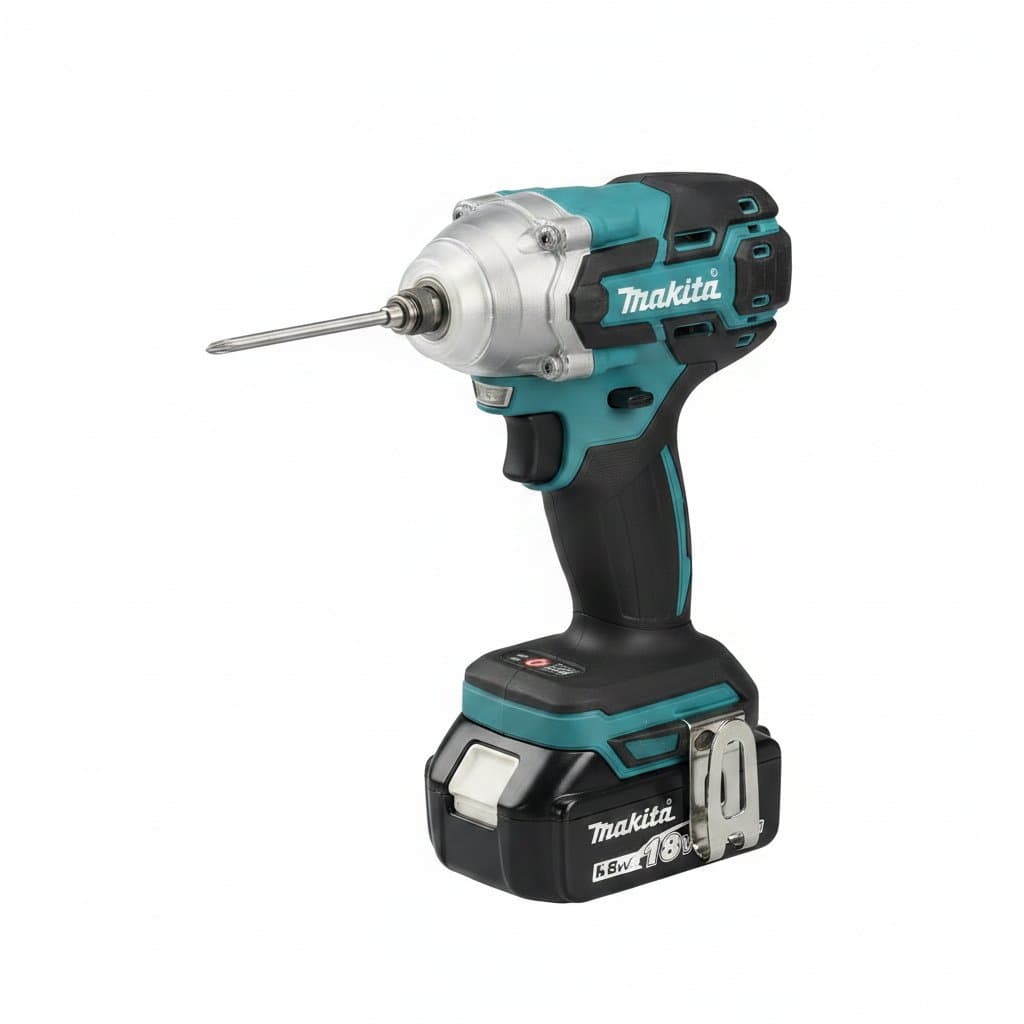 Makita DTW285 18V cordless brushless impact wrench with 520 N.M torque, showing tool, battery, and case.