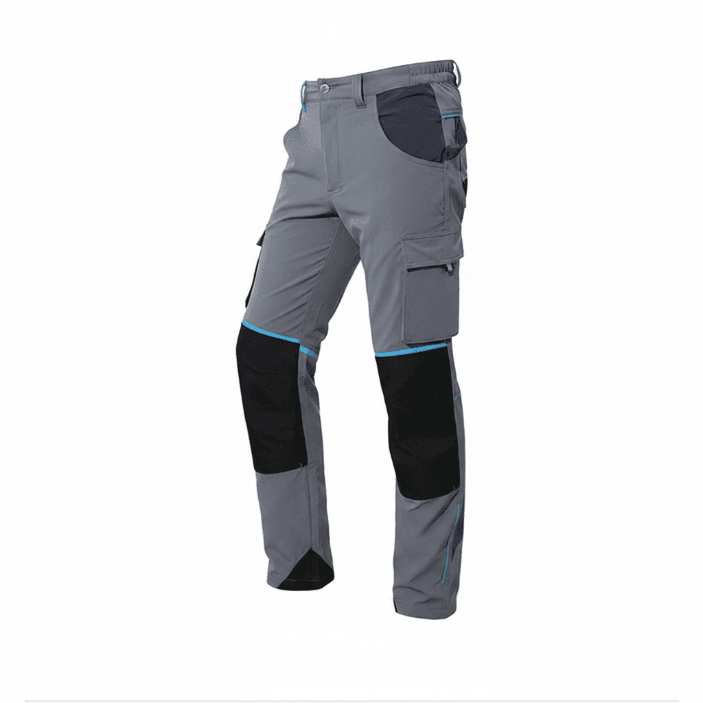 Work Trousers Stretch: Grey cargo pants with black knee patches and blue accents.