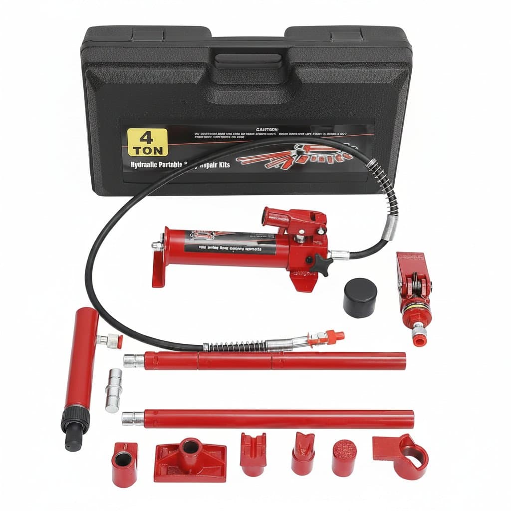 4 Ton Porta Power hydraulic jack kit with pump, 4.6-foot oil hose, and rugged storage case for industrial lifting and spreading tasks.