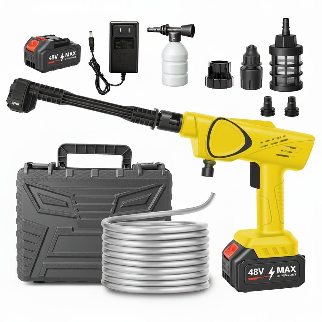 21V portable cordless pressure washer with 970 PSI, handheld design, 6-in-1 adjustable nozzle, and included 4.0Ah battery for car washing.