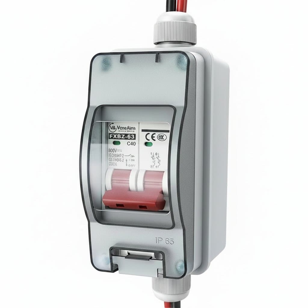 Waterproof IP65 photovoltaic combiner box with DC500V MCB disconnect switch for solar panel array organization and safety.