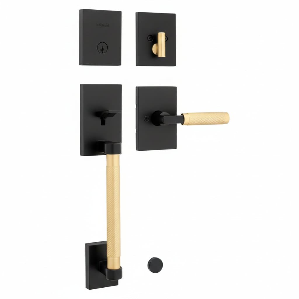 Prava front door handleset with lock, deadbolt, and reversible lever in matte black and satin brass finish.