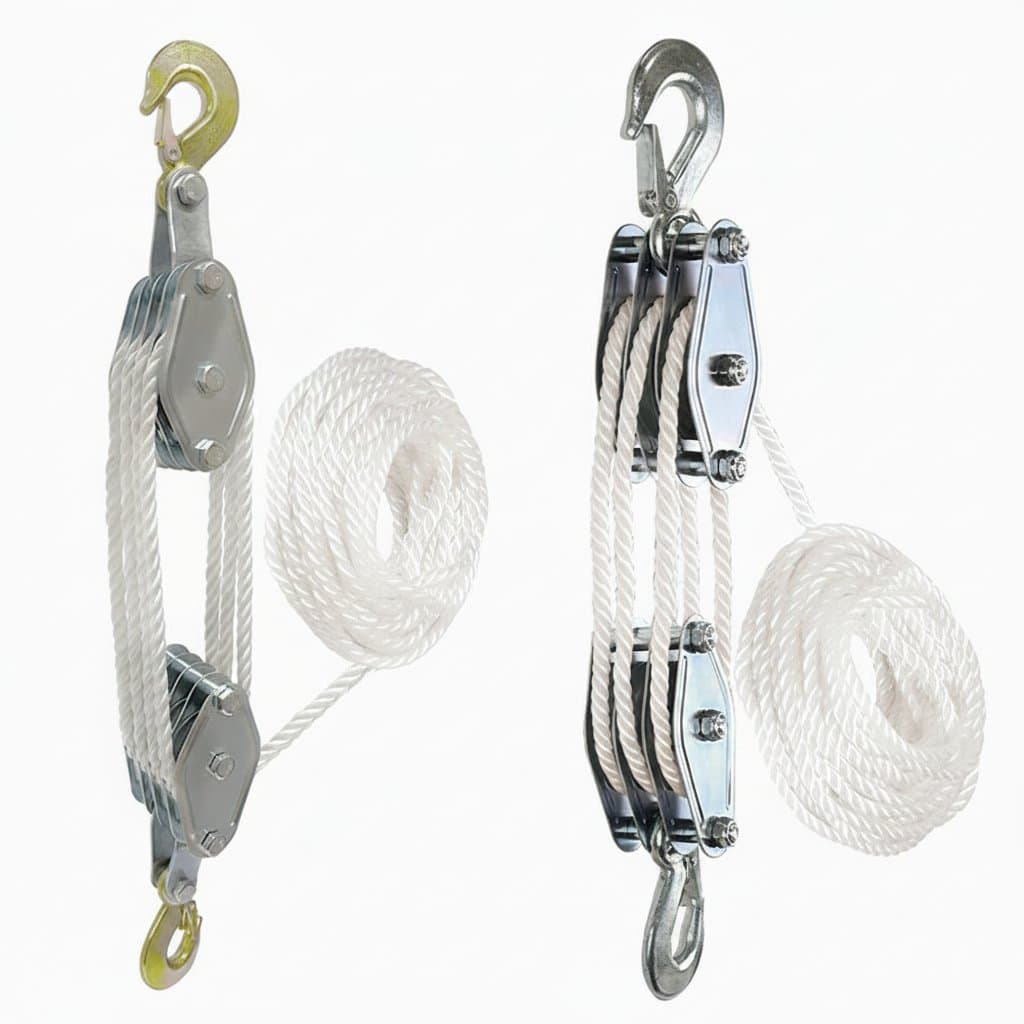 Heavy duty 270-degree rotatable rope pulley block crane with polyethylene sheave for manual lifting and material handling.