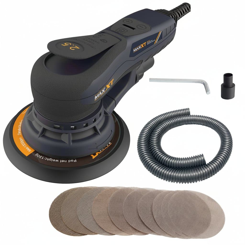 MAXXT 6-inch electric sander, a compact and powerful tool for detailed sanding tasks in woodworking and refinishing.