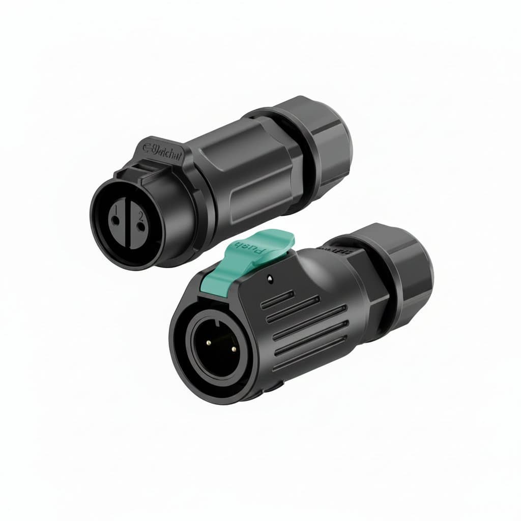 LP12 M12 waterproof industrial connector with male and female plugs, featuring a durable circular aviation design for electrical systems.