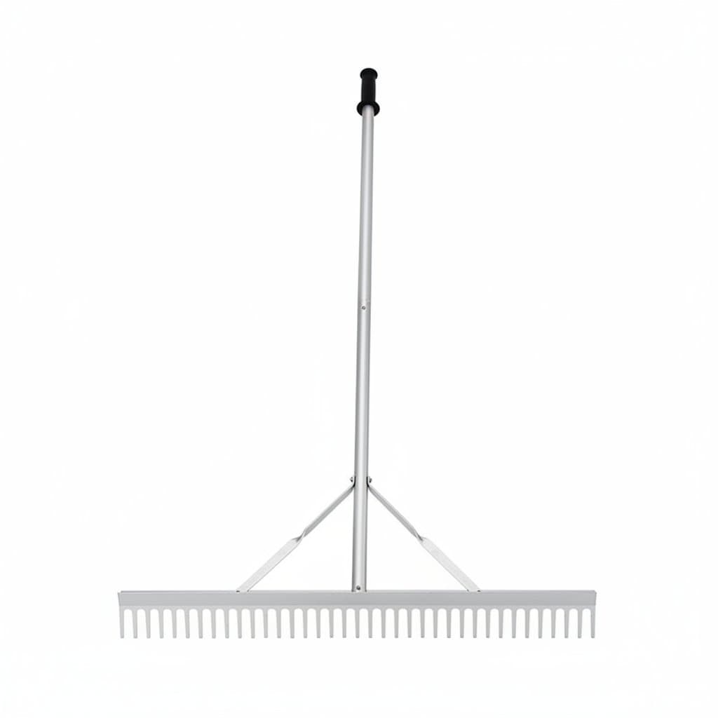 36-inch aluminum landscape rake with wide head for leveling soil, gravel, and smoothing garden beds.