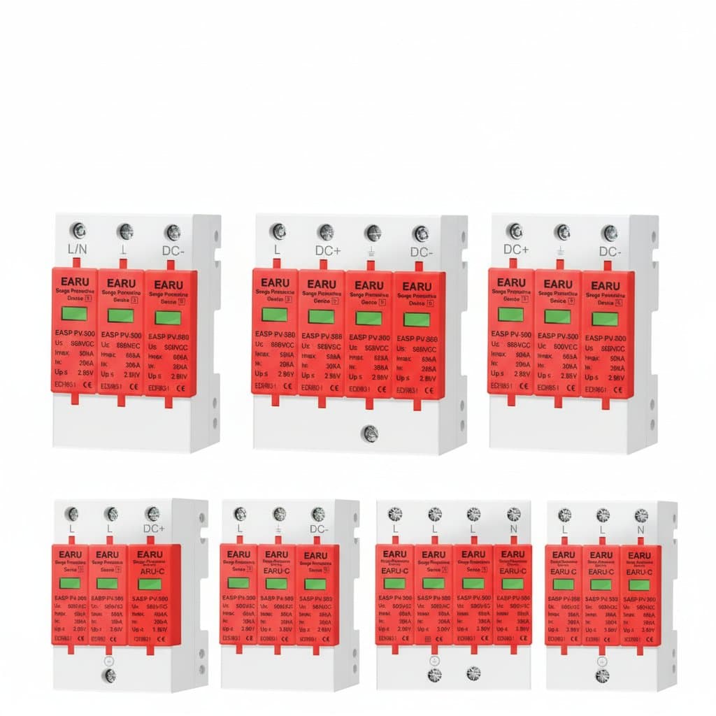 Power Surge Protective Device SPD Arrester for low voltage home electrical panels, showing 1 to 4 pole DC surge voltage protection up to 1000V.