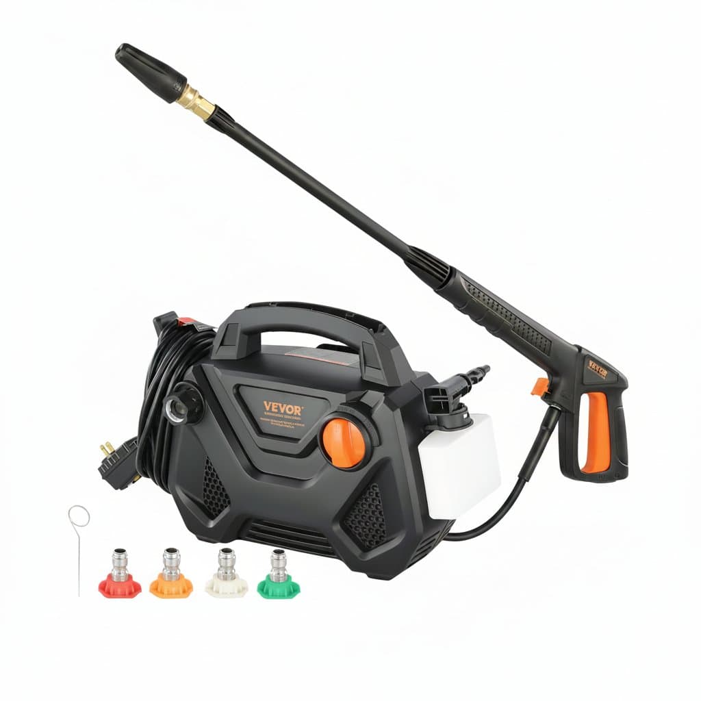 SucceBuy 2150 PSI electric pressure washer with 1.85 GPM flow, foam cannon, five nozzles, 20-foot hose, and 35-foot cord.