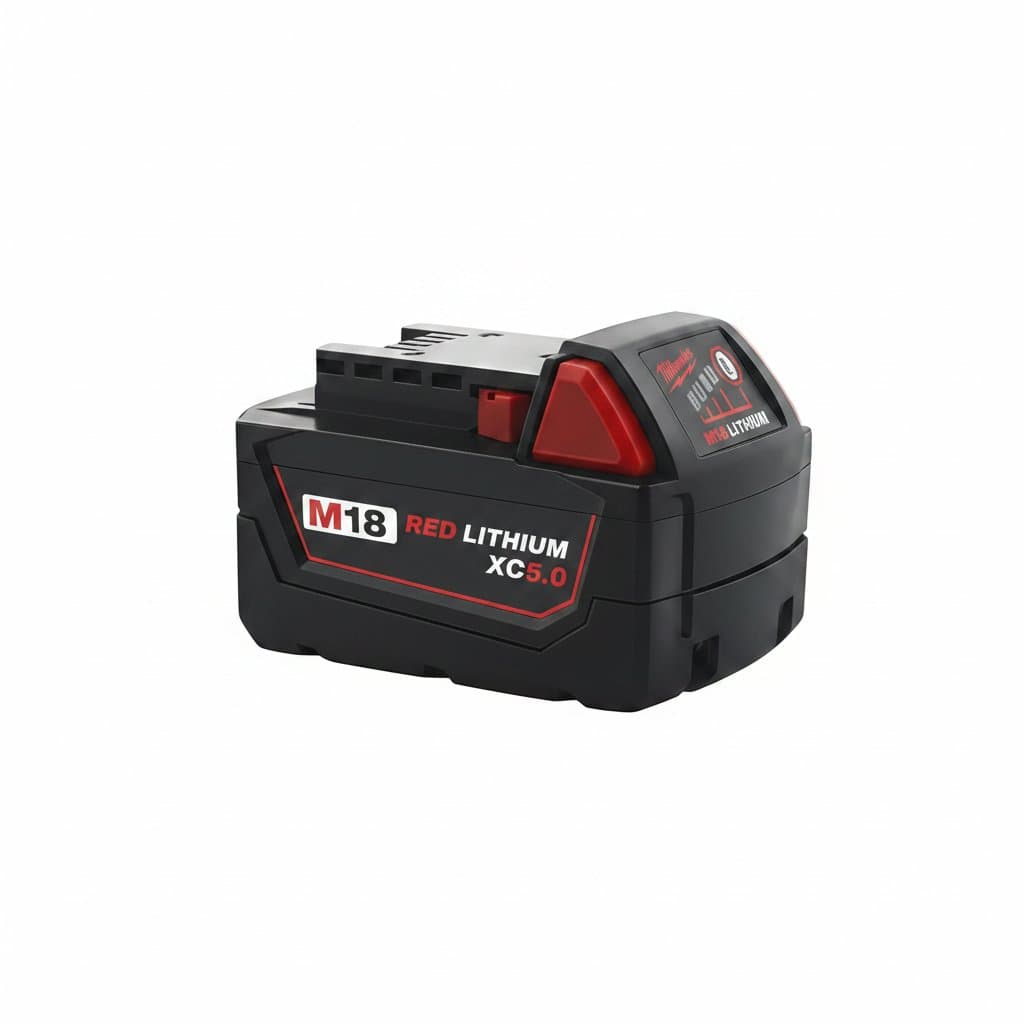 Milwaukee M18 6.0Ah High Energy RedLithium battery pack, showing front label and compact design for cordless power tools.