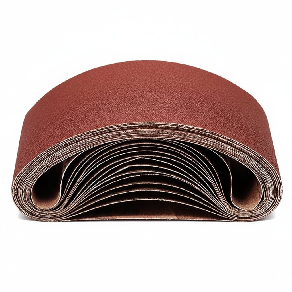 Sanding belts: a roll of sandpaper on a white background.