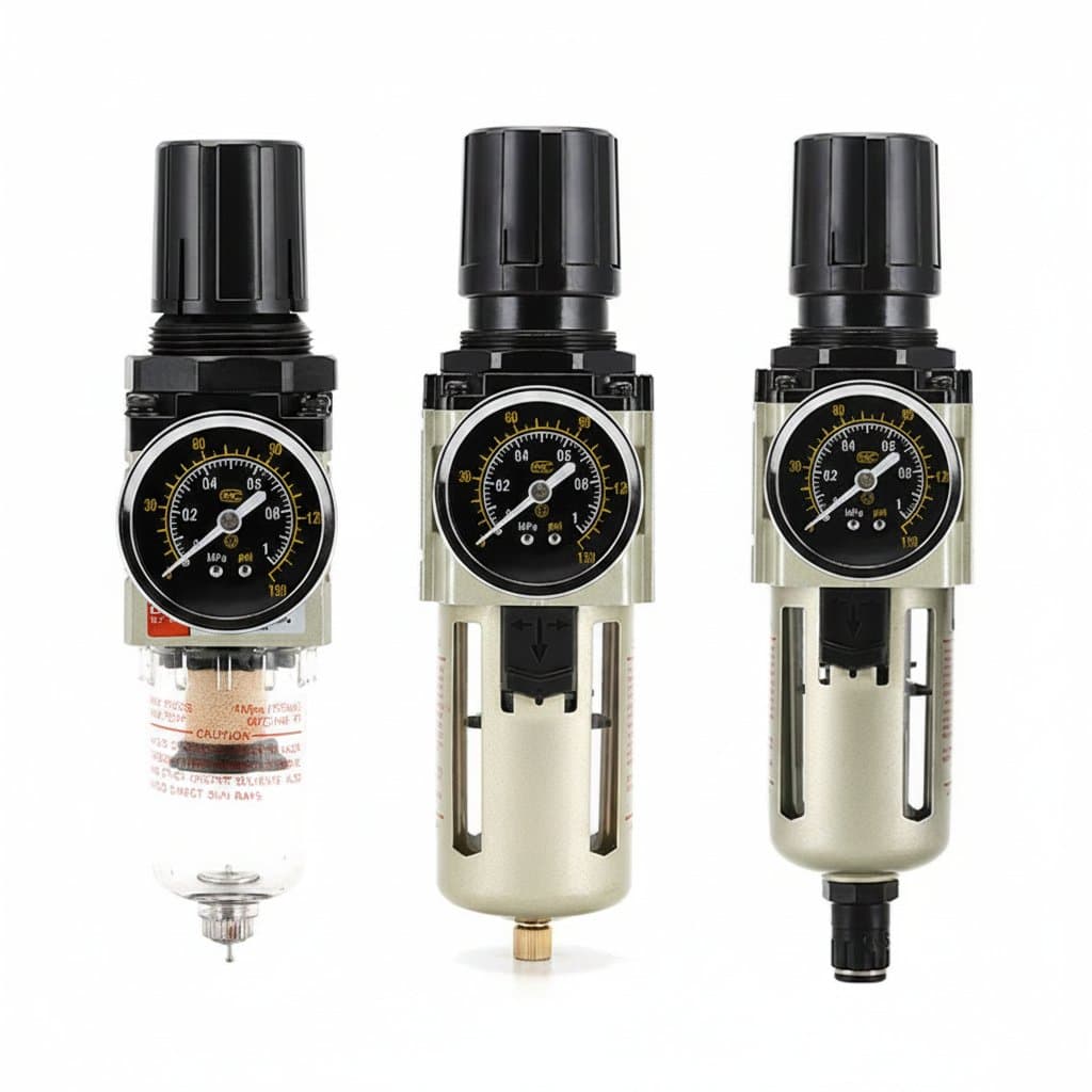 AW2000-02 SMC type air filter regulator with pressure gauge and water trap for industrial compressor air systems.