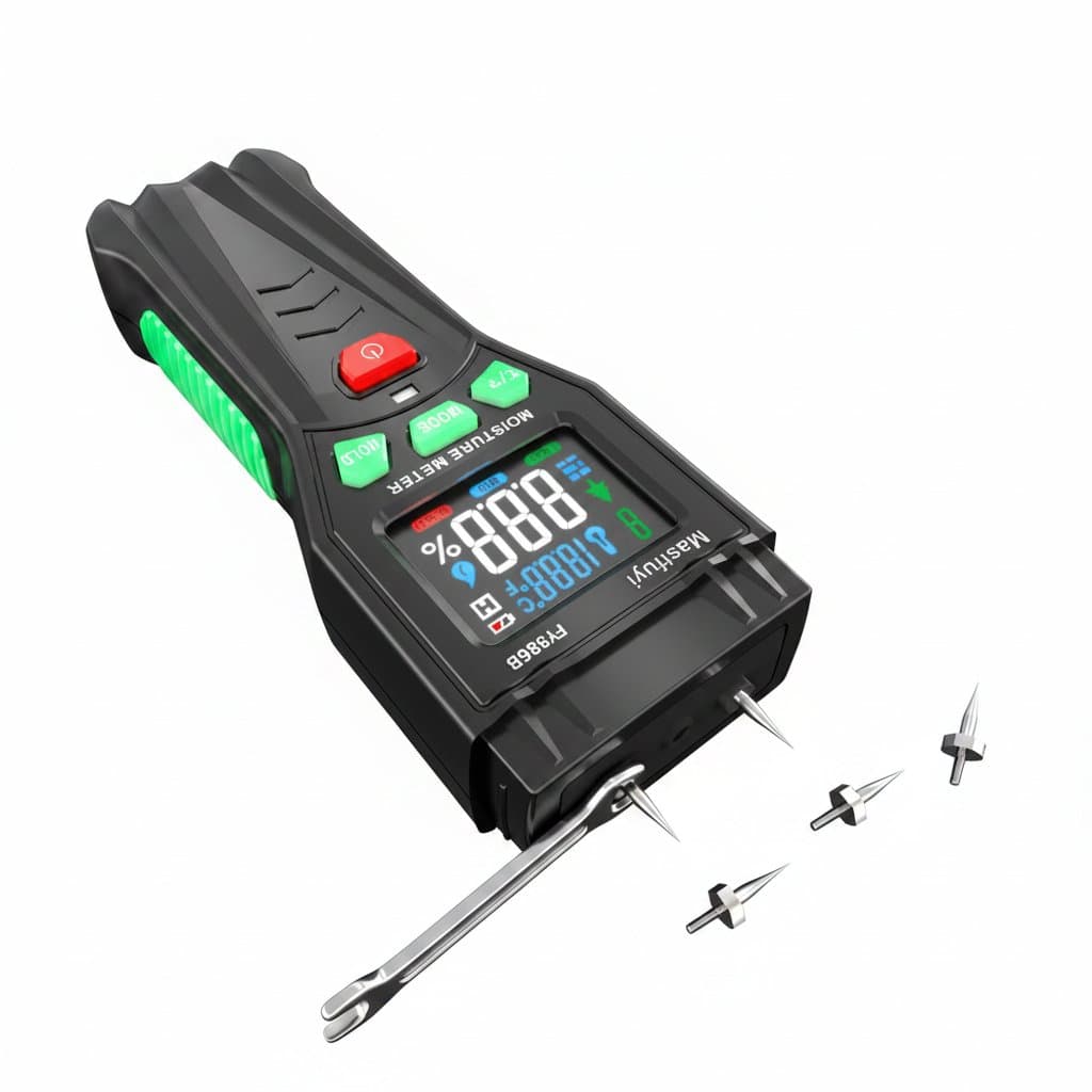 HABOTEST HT65 Digital Mini Wood Moisture Meter with LCD display, measuring timber dampness from 0 to 58 percent.