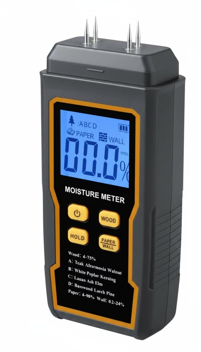 Wall moisture tester for cement, wood and building materials with dual-function humidity detection and simple one-button operation.