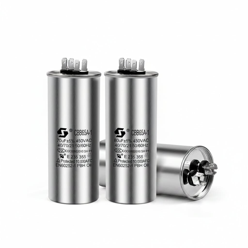CBB65 motor start capacitor for air conditioner compressors, 450V AC with capacitance values from 5uF to 50uF, in a durable blue cylindrical metal case.