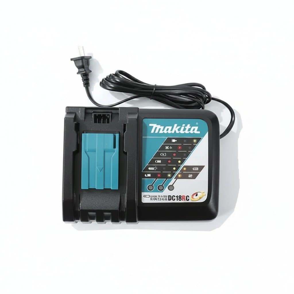 New genuine 18V Makita replacement lithium-ion battery with 5Ah, 6Ah, and 9Ah capacity options for power tools, shown with a charger.