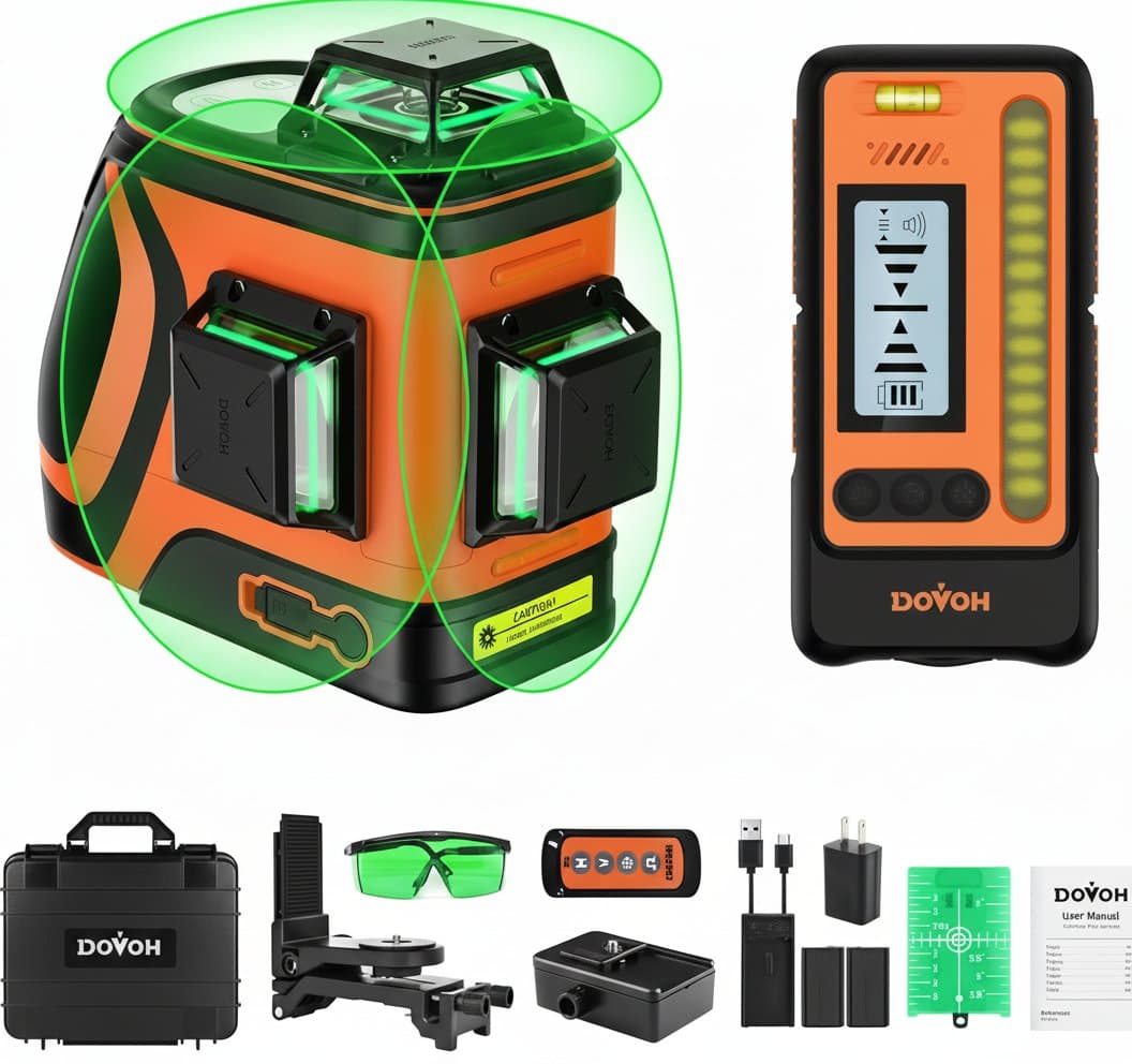 DOVOH outdoor laser level kit with receiver, offering 400ft range, 360-degree self-leveling, and sunlight-visible green laser for construction projects.