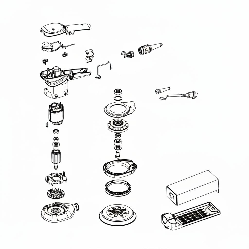 Festool 576074 replacement parts kit for ETS 150/3 and ETS 150/5 sanders, includes carbon brushes, rotor, power cord, and grinding disc.