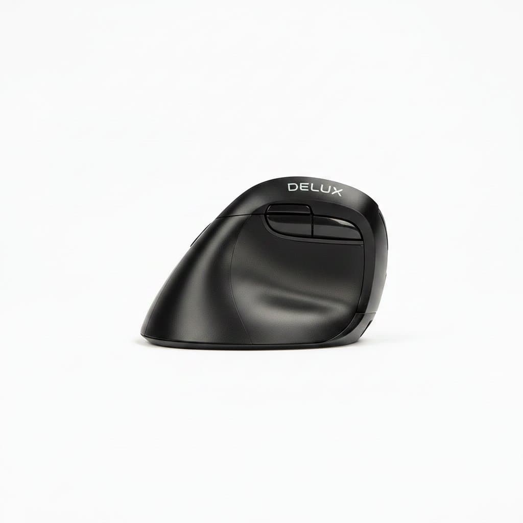 Delux Seeker M618XSD ergonomic vertical mouse with OLED screen, featuring dual USB wireless and Bluetooth 5.0 connectivity for PC and laptop.