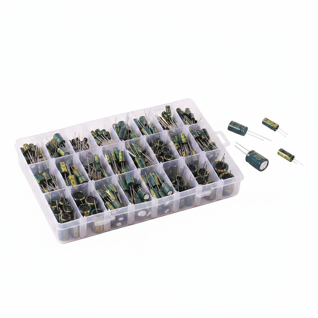 Electrolytic Capacitor Kit assortment with high-frequency capacitors in values from 10uF to 1000uF and voltages from 10V to 400V, neatly organized in a case.