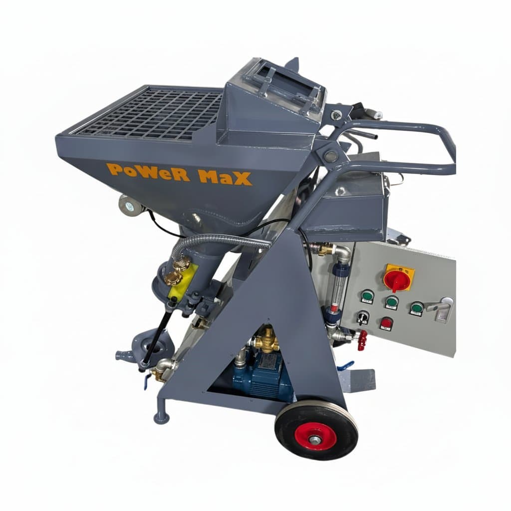 M9 stucco finishing machine spraying plaster onto a wall surface, used for construction and renovation projects.