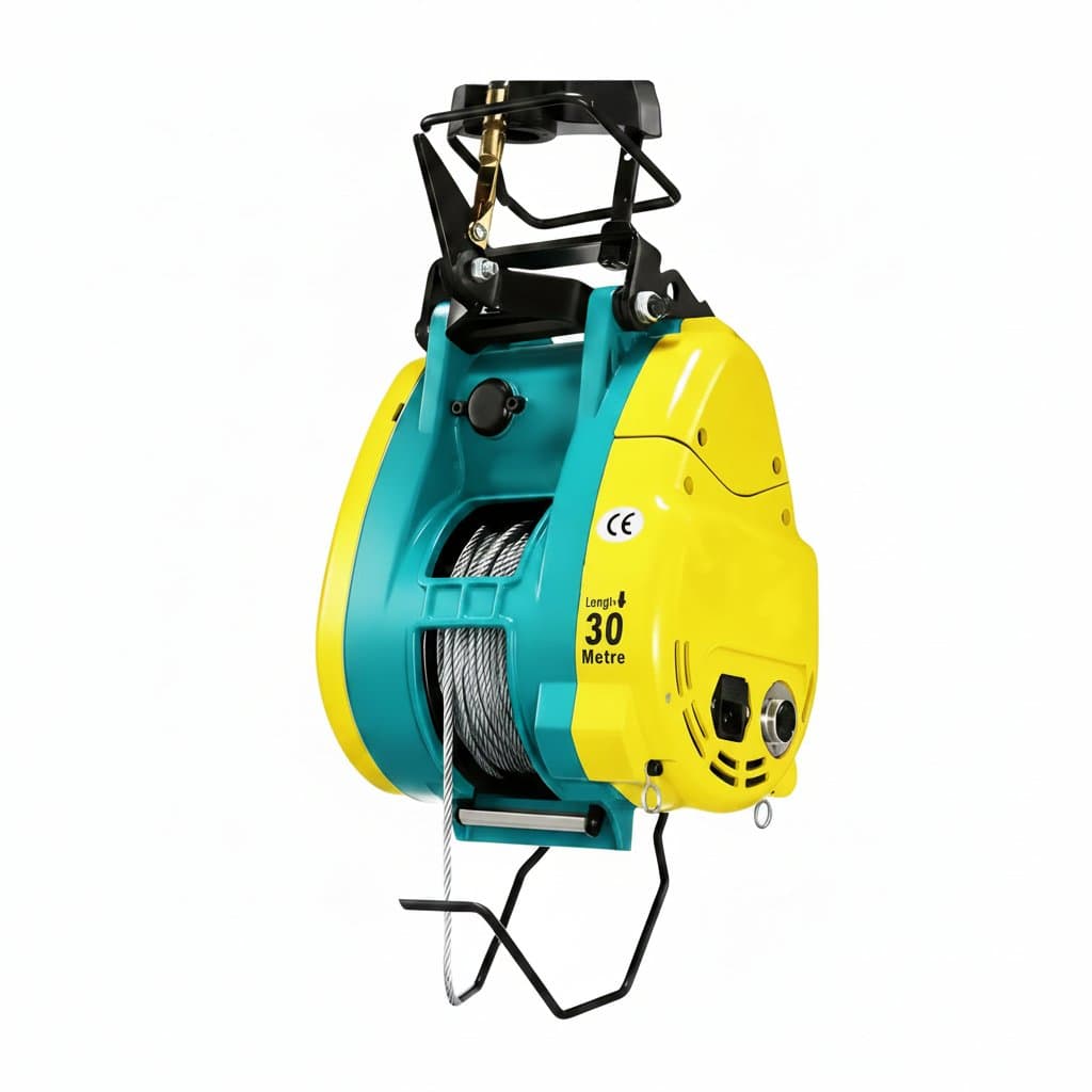 Electric Hoist 220v small crane for household lifting, featuring a durable winch, steel cable, and remote control for material handling.