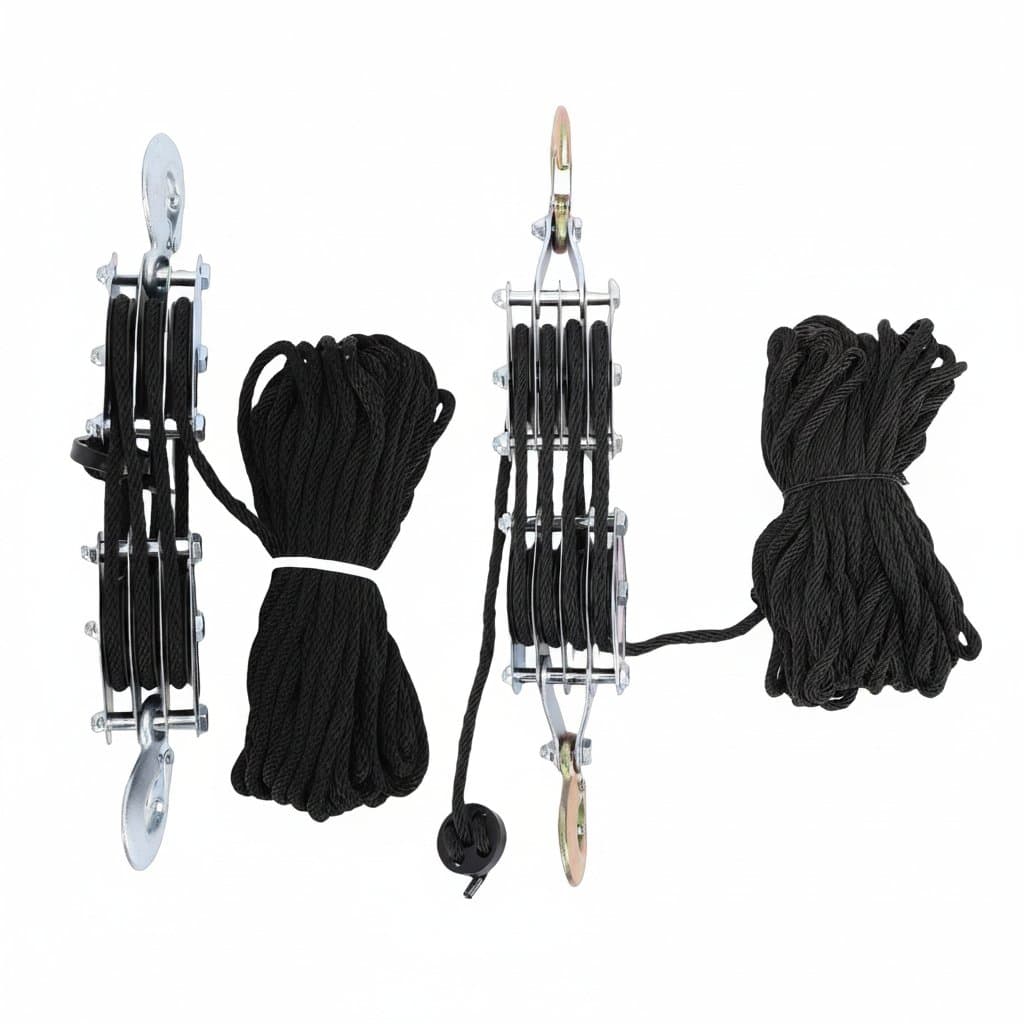 Heavy-duty zinc alloy block and tackle pulley system with a 270-degree rotating hook, high-strength rope, and rust-resistant bearing for large loads.