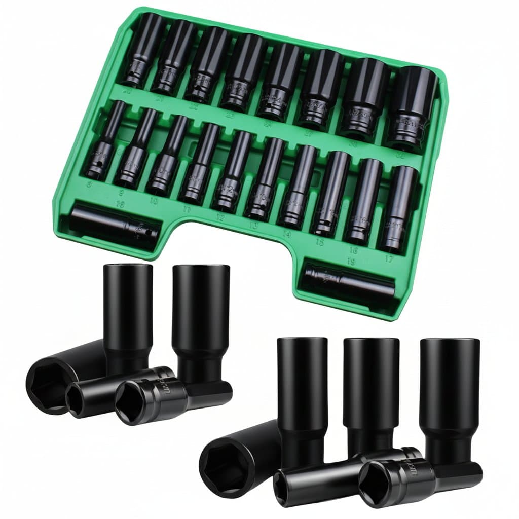 1/2-inch drive 6-point impact socket set with 12-20 pieces in metric sizes 8-32mm, made of carbon steel in a hard storage case.