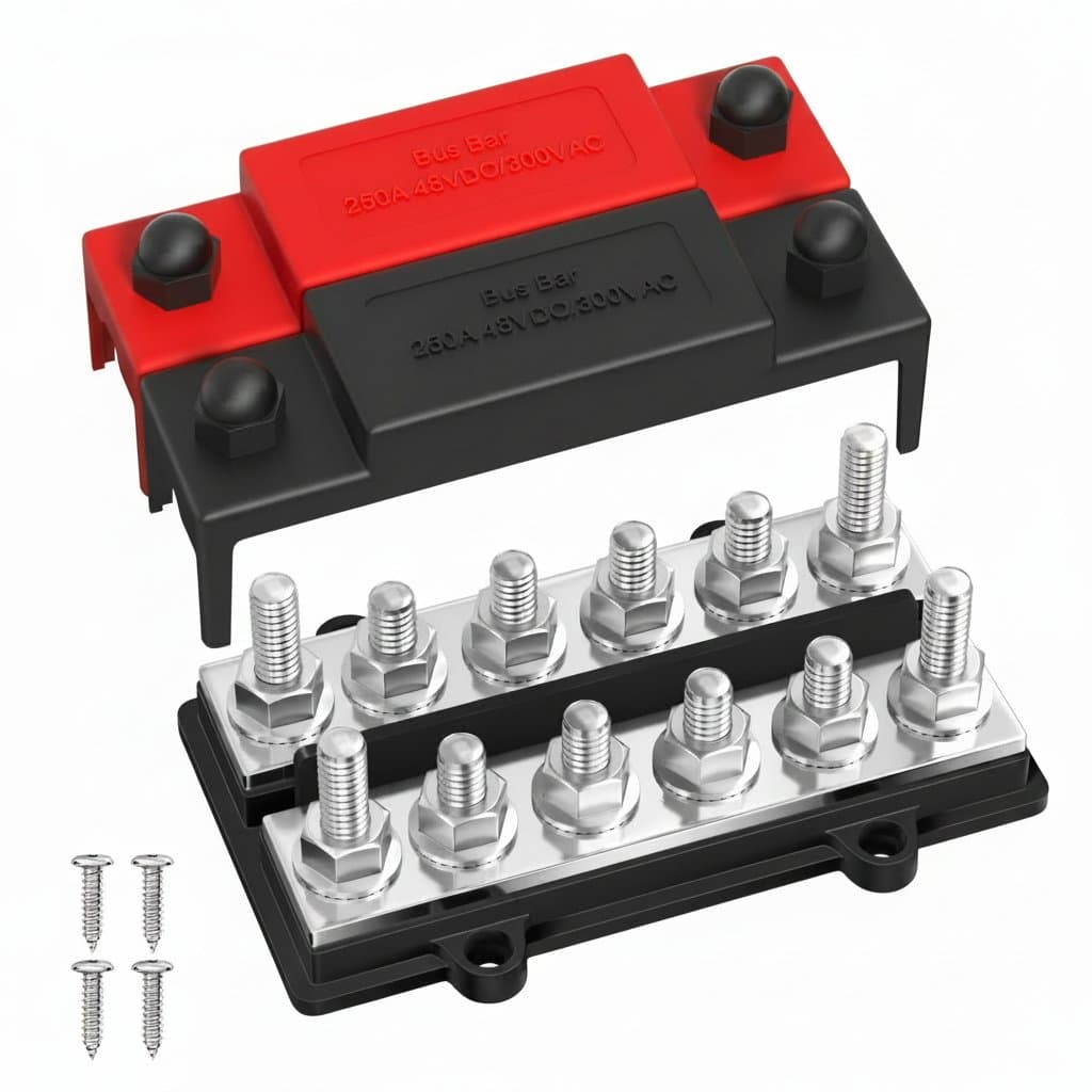 250A Dual Bus Bar power distribution block with 12 x 5/16-inch studs for 12V electrical systems, featuring a durable black anodized finish.