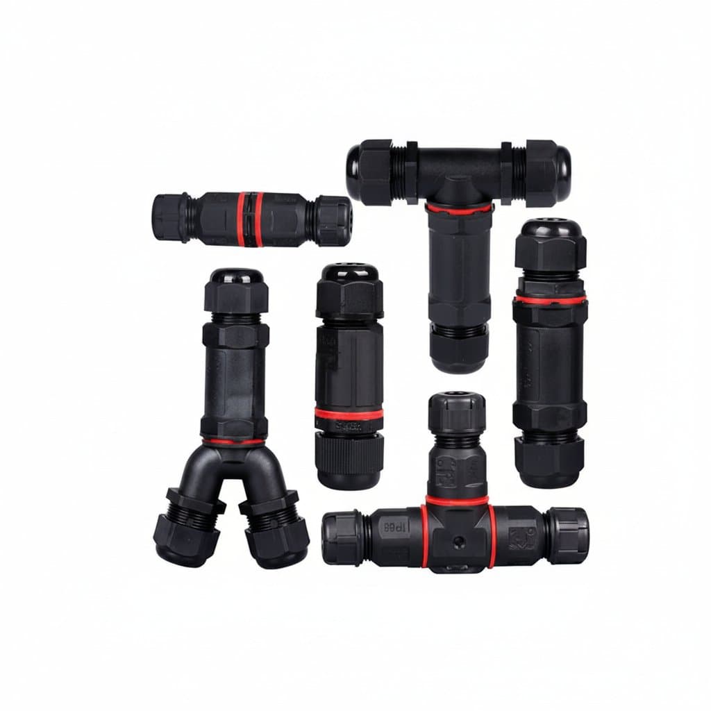IP68 waterproof electrical connector set with I-type, Y-type, and T-type junctions in 2 to 5 pin configurations for secure wire splicing.
