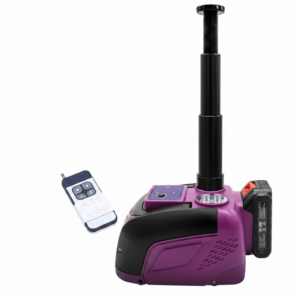 A 12V electric car jack for changing tires, 5-ton capacity, with a wireless wrench and remote control.