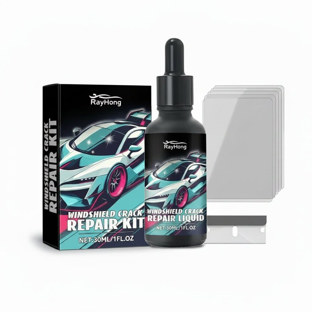 A comprehensive car glass crack repair resin kit, perfect for a quick and effective windshield repair kit, displayed with all its components.
