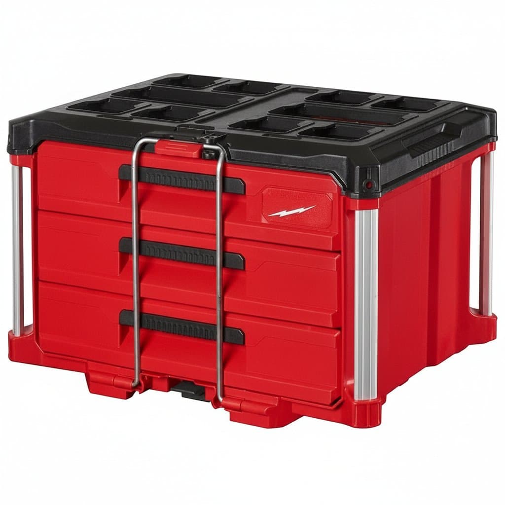 Portable red toolbox with PACKOUT 3-drawer system, measuring 16.3x22.2x14.3 inches, featuring modular storage compartments and sturdy construction.