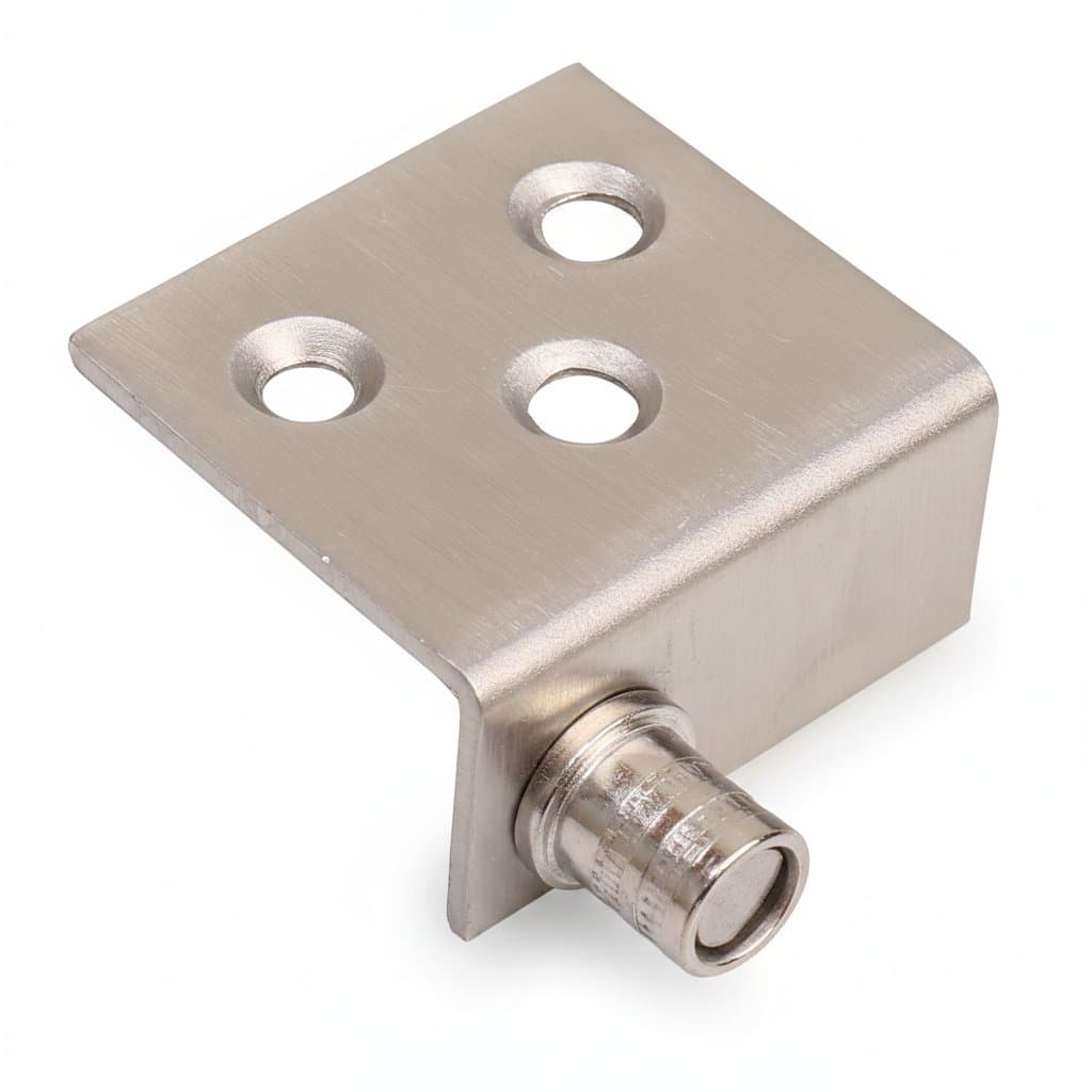 Stainless steel concealed cabinet hinge with rotation shaft and six mounting holes for bookcases or furniture doors.