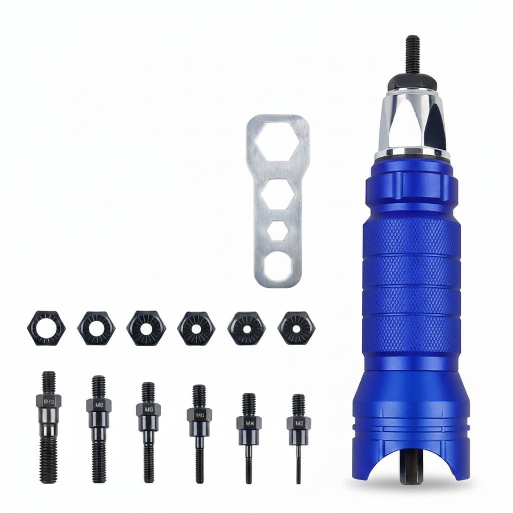 Electric Rivet Nut Gun Converter with 'TEMPS DETIR' and 'M3~M10' text overlays.