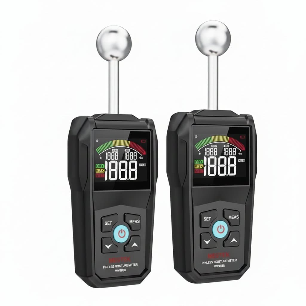 Digital non-contact wood moisture meter with alarm function. Non-destructive timber damp detector measures humidity without damaging surfaces.