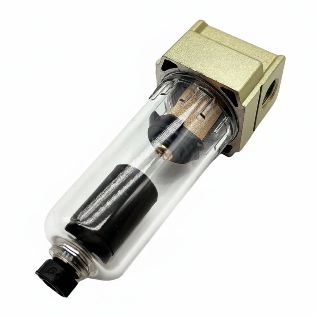 AF Series pneumatic filter for compressor air lines, removing moisture and oil from pressurized air with durable metal construction.