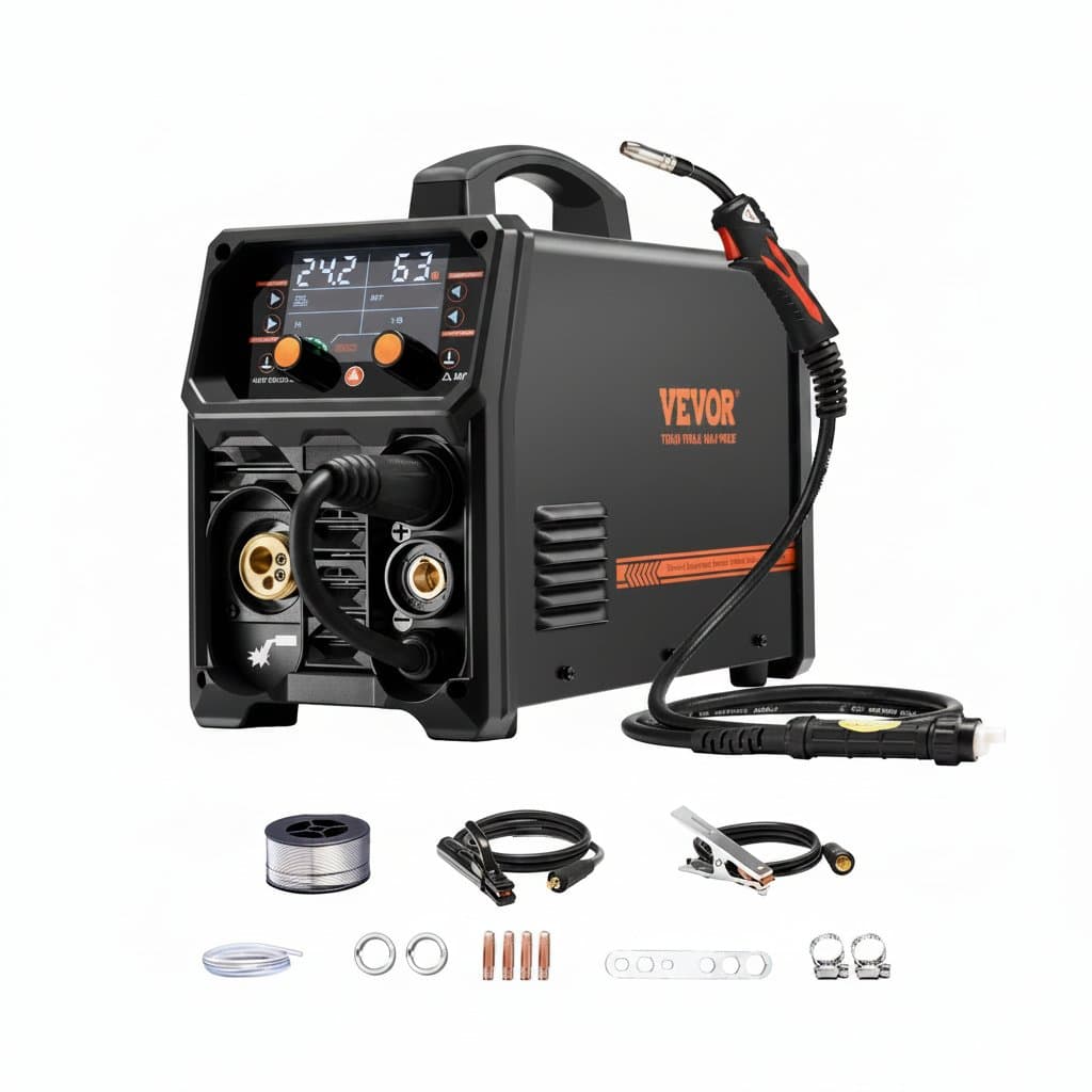 SucceBuy 200Amp 5-in-1 MIG Welder with LCD screen, capable of MIG, Flux Core, Stick, and TIG welding on a workbench.