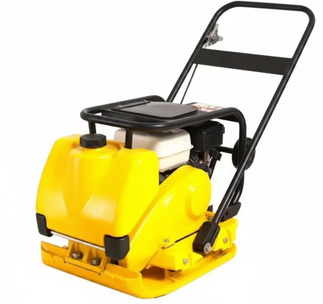 Heavy-duty petrol plate compactor and concrete vibrator for compacting sand, soil, and asphalt on roads and construction sites.