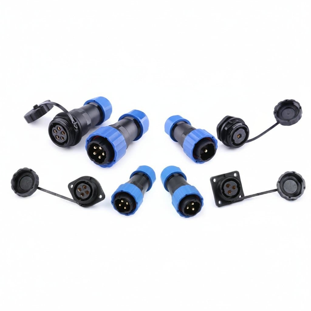 SP20 IP68 waterproof aviation connector with back nut, featuring square docking flange for welding to cable wires in harsh environments.