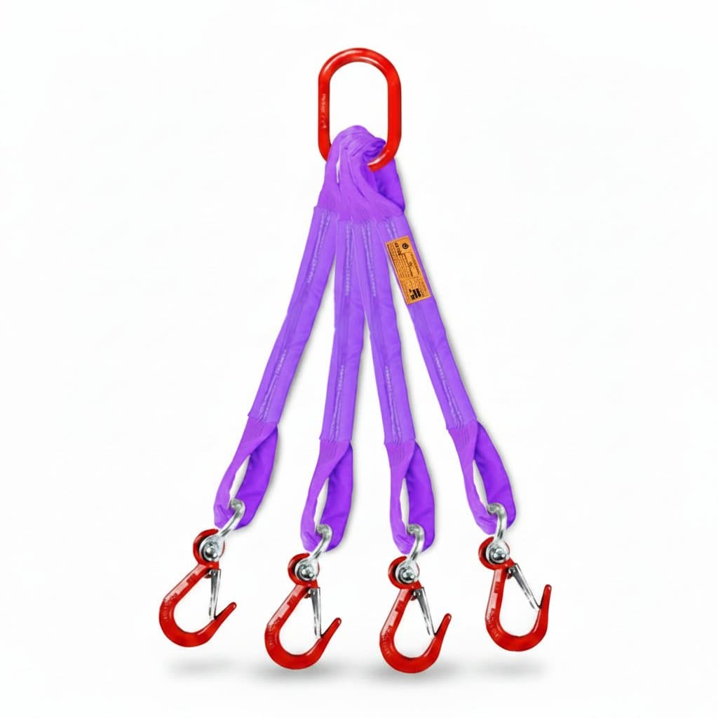 2-Ton web lifting sling set with hooks, featuring a complete combination of 1/2/4-leg slings and carabiners for traveling crane use.