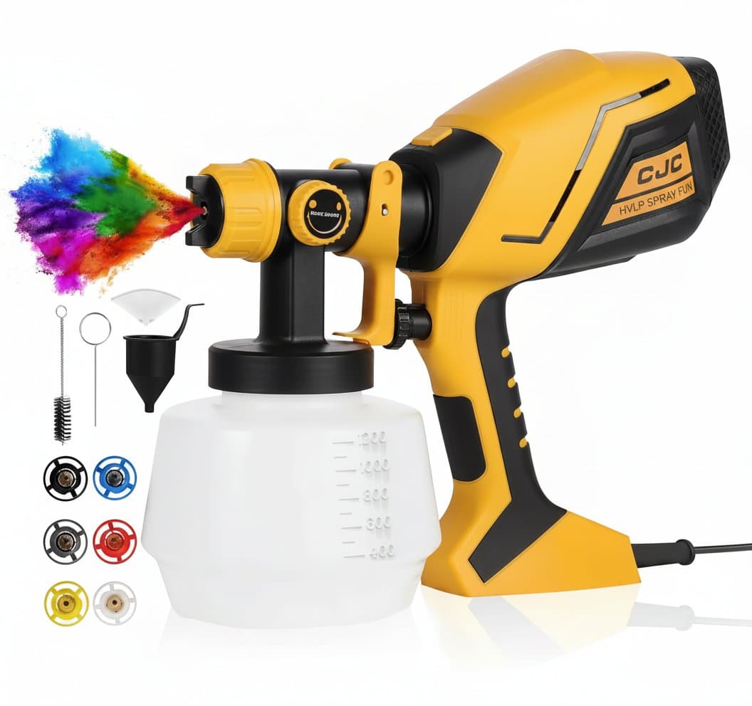 A 1200ML electric HVLP paint sprayer with high power, featuring 6 copper nozzles and 3 spray patterns for auto, furniture, and steel coating applications.
