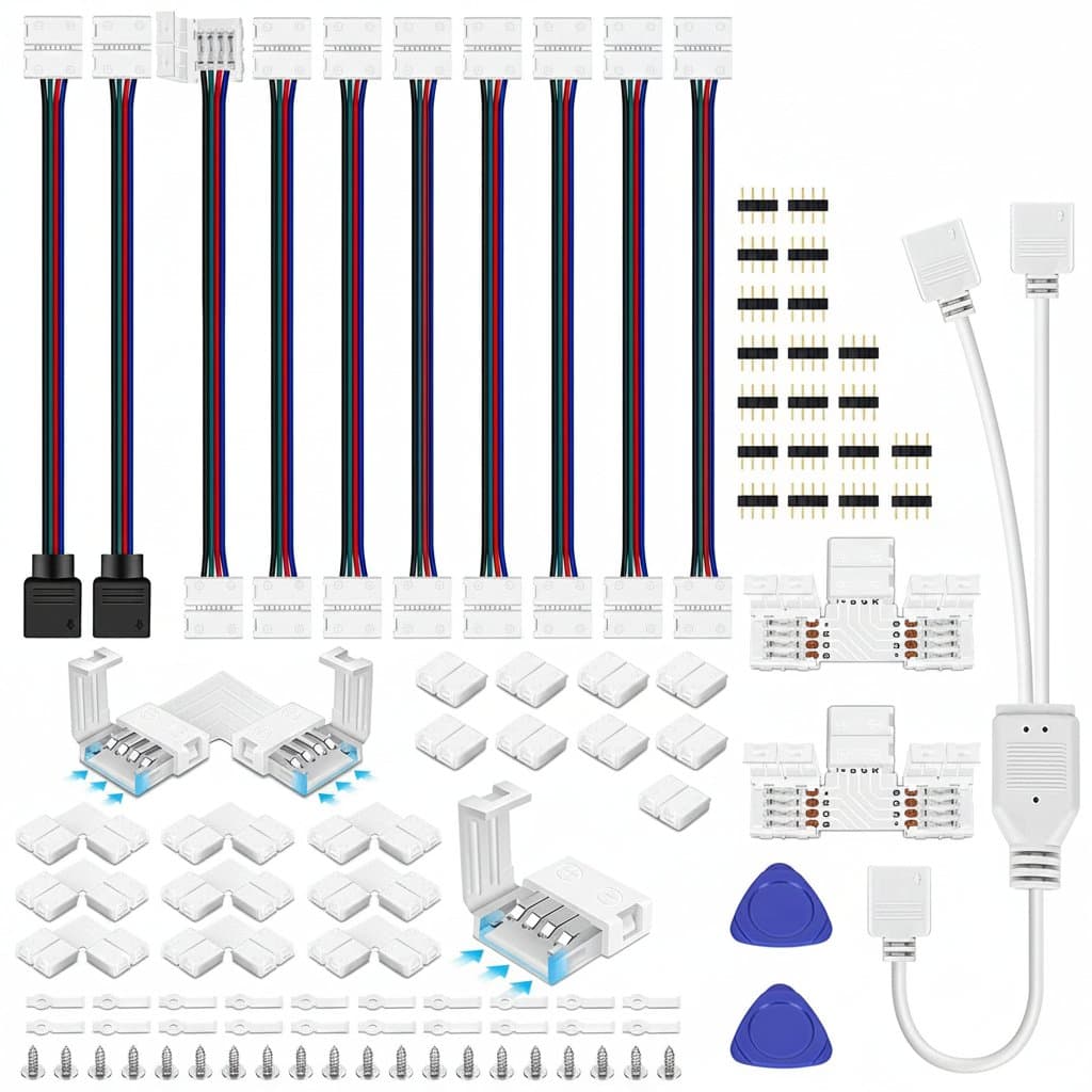 RGB LED Strip Connector Kit | 5050 4-Pin | T & L-Shaped Jumpers, Clips & Terminals