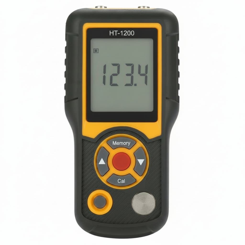 Ultrasonic Thickness Gauge for measuring car paint and metal from 1.0 to 300mm, featuring a backlit LCD screen and probe.