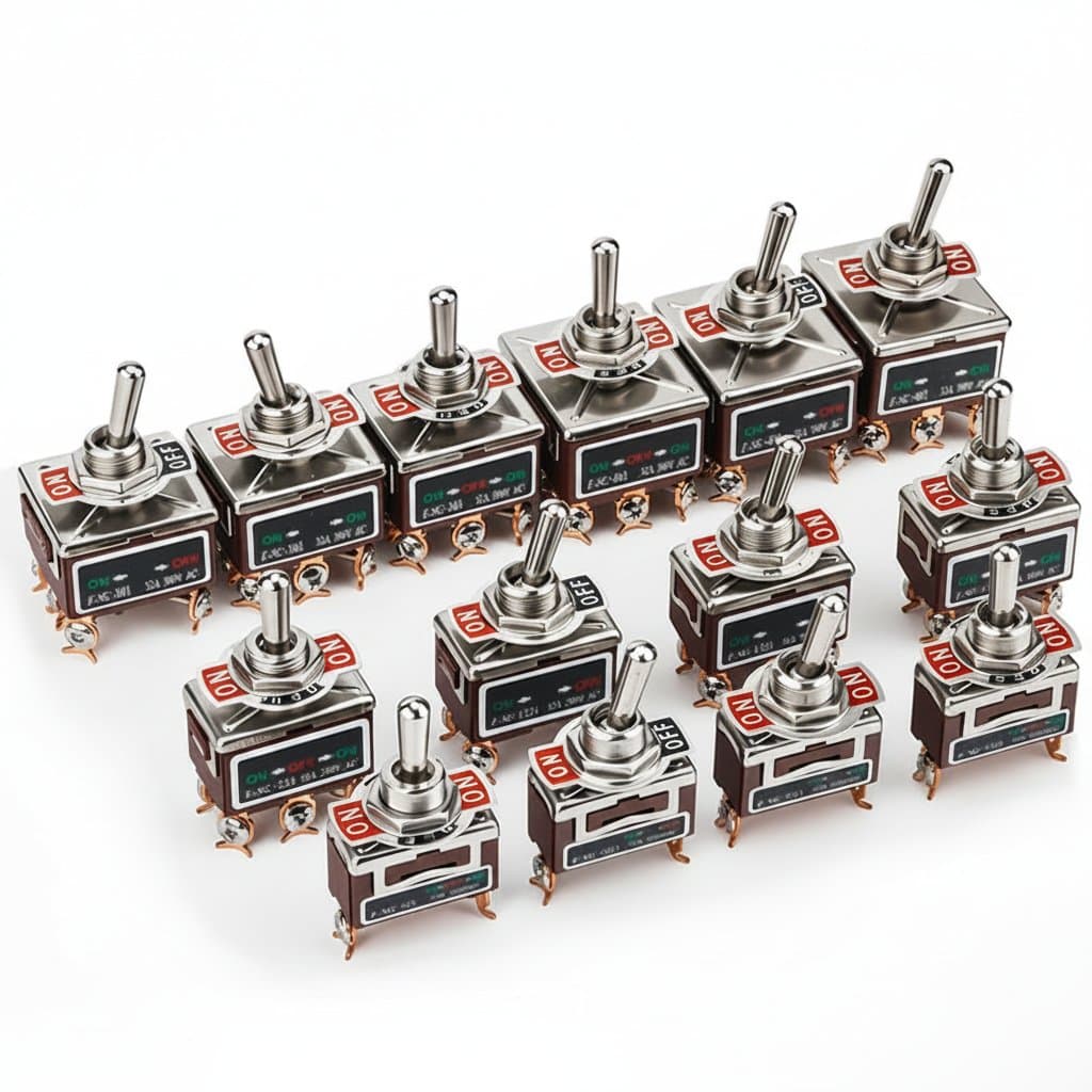 High Current Toggle Switch with copper pins, rated for 32A 250VAC, featuring self-reset and self-locking push button functionality.