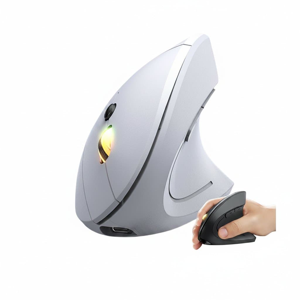 Ergonomic vertical wireless mouse with adjustable tilt, 2.4GHz and Bluetooth connectivity, 1600 DPI, and 6 buttons for laptop and desktop.