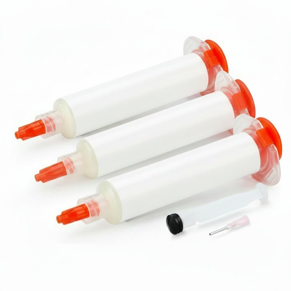 KELLYSHUN NC-559-ASM lead-free no-clean soldering flux in a 10cc syringe for precise PCB and BGA repair work.