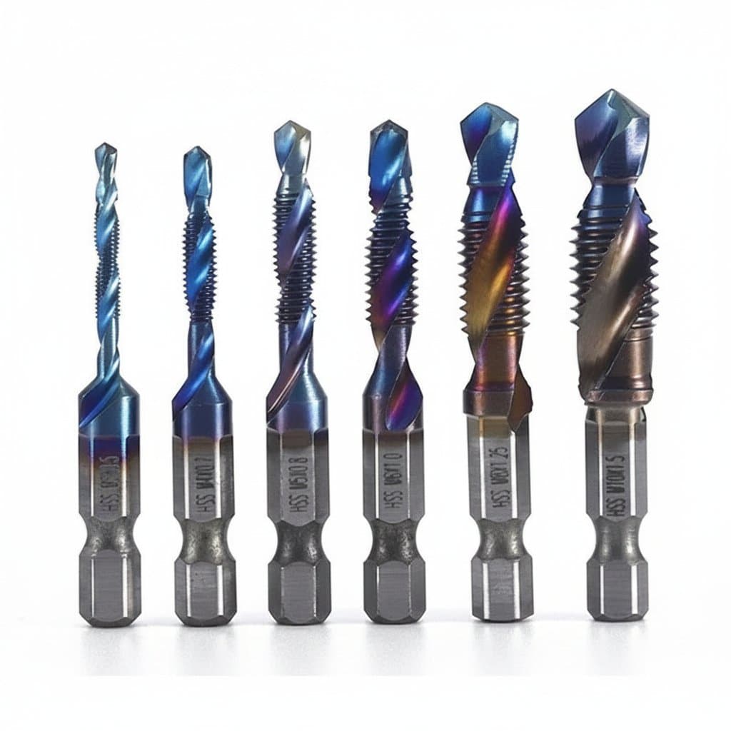 Set of titanium-plated hex shank HSS screw machine tap drill bits in metric sizes M3 through M10 for creating threaded holes.