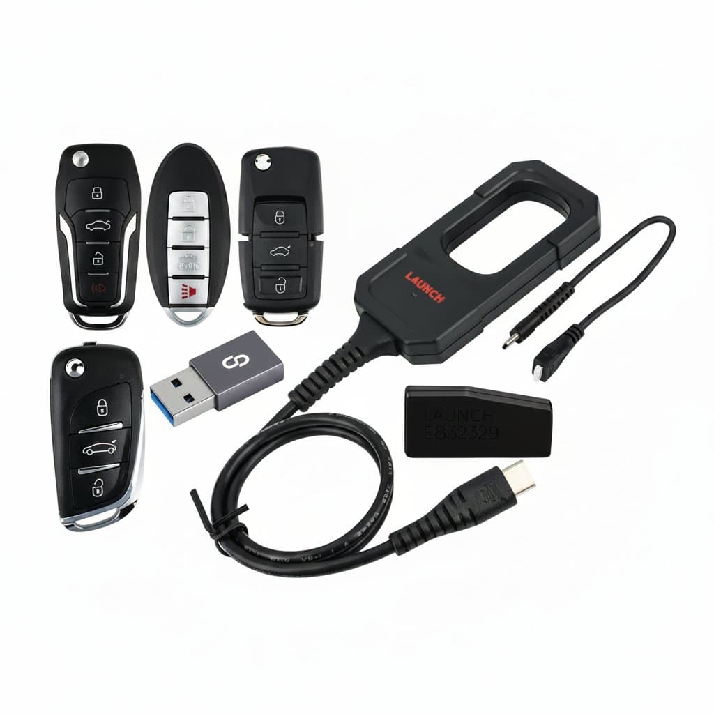 A Launch X431 key programmer with a Super Chip and four universal smart keys, compatible with a remote car starter system.