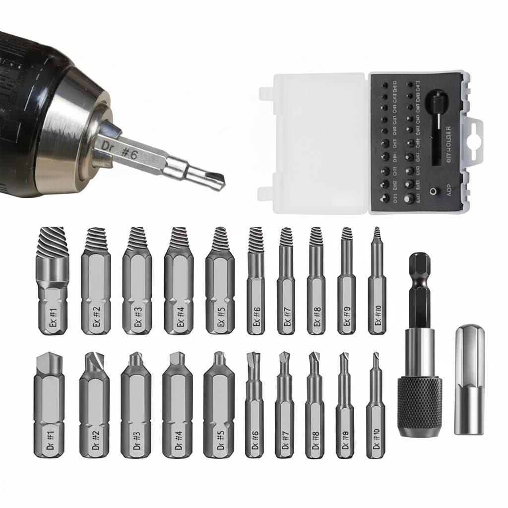 22-piece damaged screw extractor drill bit set for removing stripped Allen bolts and broken screws, with durable case.