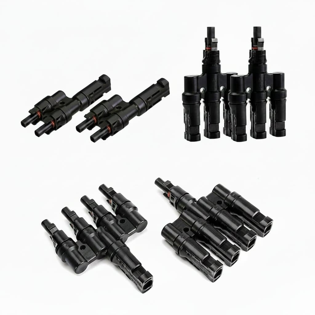 T2 to T6 PV solar panel cable connectors, a male and female pair rated for 30A 1000V, for secure photovoltaic system wiring.